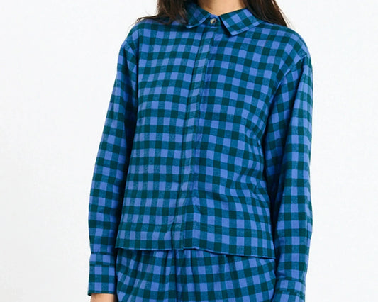 Camisa Vila check blue de Suite13Lab en algodón orgánico, estampado de cuadros y cuello clásico