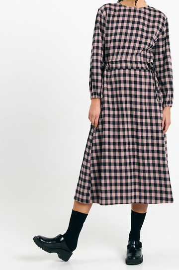 Vestido midi Ota check black de Suite13Lab en algodón orgánico, con mangas abullonadas