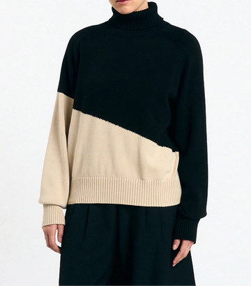 Jersey Luso bicolor black de Suite13Lab en algodón orgánico, cuello alto y mangas raglán