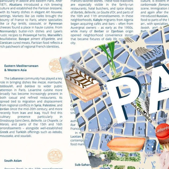 Puzzle de 1000 piezas que muestra un mapa ilustrado de la gastronomía de París, con dibujos de iconos culinarios franceses y barrios emblemáticos sobre fondo en tonos suaves.
