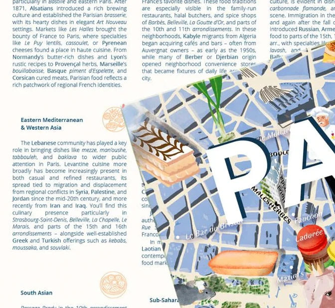 Puzzle de 1000 piezas que muestra un mapa ilustrado de la gastronomía de París, con dibujos de iconos culinarios franceses y barrios emblemáticos sobre fondo en tonos suaves.
