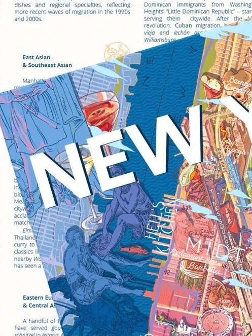 Puzzle de 1000 piezas que muestra un mapa ilustrado de la gastronomía de Nueva York, con dibujos de platos típicos, cócteles y barrios emblemáticos sobre fondo colorido.