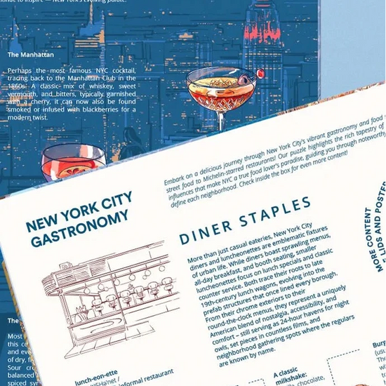 Puzzle de 1000 piezas que muestra un mapa ilustrado de la gastronomía de Nueva York, con dibujos de platos típicos, cócteles y barrios emblemáticos sobre fondo colorido.