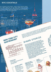 Puzzle de 1000 piezas que muestra un mapa ilustrado de la gastronomía de Nueva York, con dibujos de platos típicos, cócteles y barrios emblemáticos sobre fondo colorido.