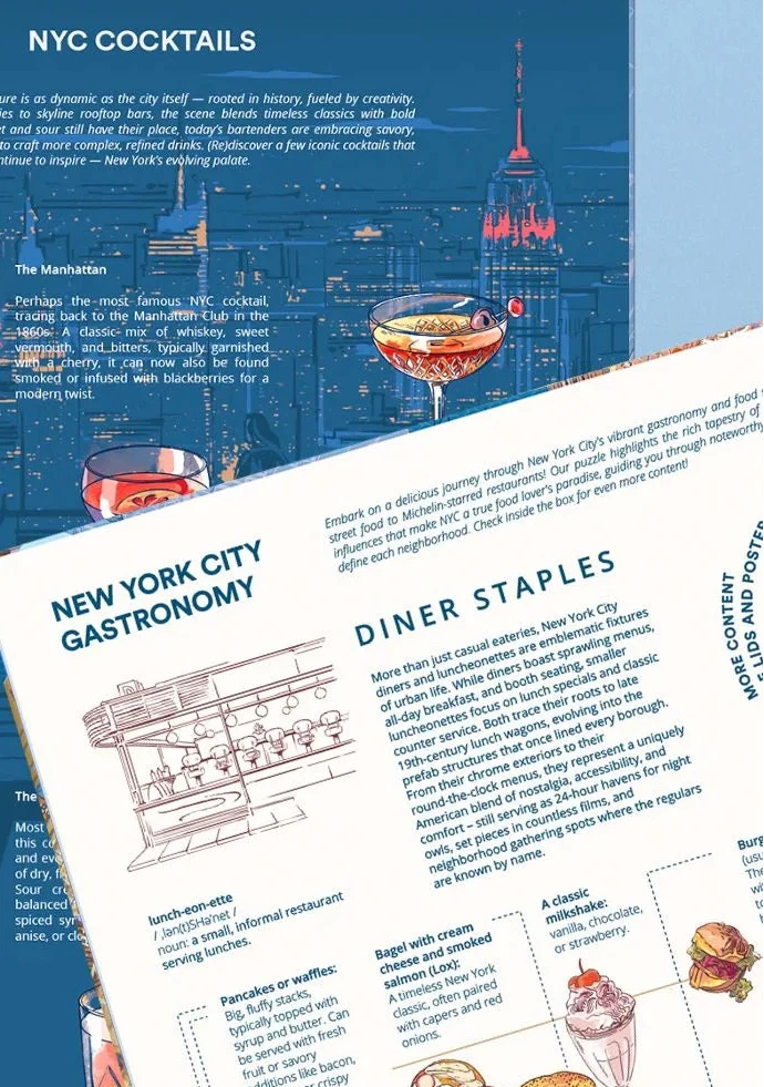 Puzzle de 1000 piezas que muestra un mapa ilustrado de la gastronomía de Nueva York, con dibujos de platos típicos, cócteles y barrios emblemáticos sobre fondo colorido.