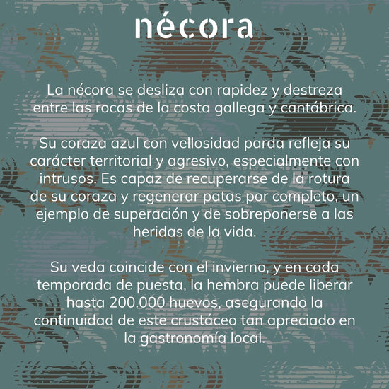 Camisa de hombre de manga corta con estampado de nécoras (cangrejos) en tonos azules y tierra, botones de madera de olivo y tejido fluido de algodón orgánico.