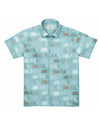 Camisa de hombre de manga corta con estampado de nécoras (cangrejos) en tonos azules y tierra, botones de madera de olivo y tejido fluido de algodón orgánico.