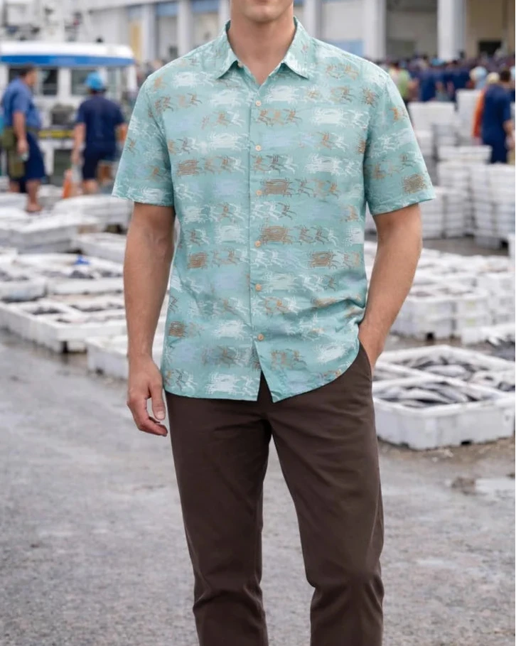 Camisa de hombre de manga corta con estampado de nécoras (cangrejos) en tonos azules y tierra, botones de madera de olivo y tejido fluido de algodón orgánico.