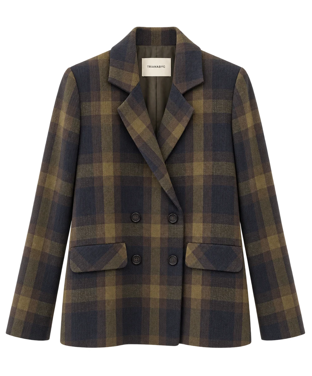 Traje cuadros verdes de TRIANA by C, blazer y pantalón en algodón y lino