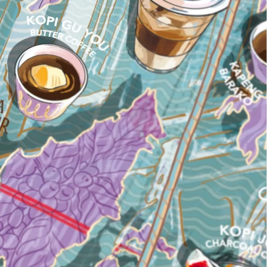 Puzzle de 1000 piezas con ilustraciones detalladas sobre el mundo del café, incluyendo mapas de cultivo y métodos de preparación sobre un fondo de tonos tierra.
