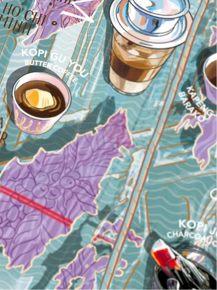 Puzzle de 1000 piezas con ilustraciones detalladas sobre el mundo del café, incluyendo mapas de cultivo y métodos de preparación sobre un fondo de tonos tierra.