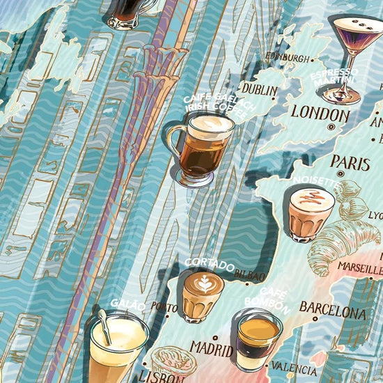 Puzzle de 1000 piezas con ilustraciones detalladas sobre el mundo del café, incluyendo mapas de cultivo y métodos de preparación sobre un fondo de tonos tierra.