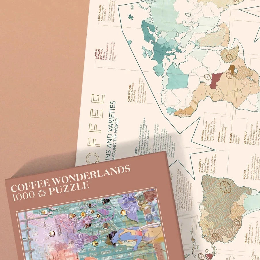 Puzzle de 1000 piezas con ilustraciones detalladas sobre el mundo del café, incluyendo mapas de cultivo y métodos de preparación sobre un fondo de tonos tierra.