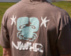 Camiseta de manga corta de corte holgado en color marrón con diseño gráfico "Entre as Pedras", confeccionada en algodón orgánico de la marca NWHR.