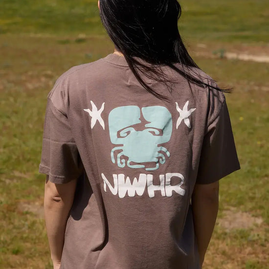 Camiseta de manga corta de corte holgado en color marrón con diseño gráfico "Entre as Pedras", confeccionada en algodón orgánico de la marca NWHR.
