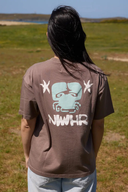 Camiseta de manga corta de corte holgado en color marrón con diseño gráfico "Entre as Pedras", confeccionada en algodón orgánico de la marca NWHR.