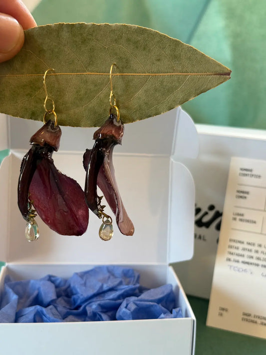 Pendientes Árbol del Coral de Syringa Jewels: flor roja granate en resina UV con colgante de cristal facetado.