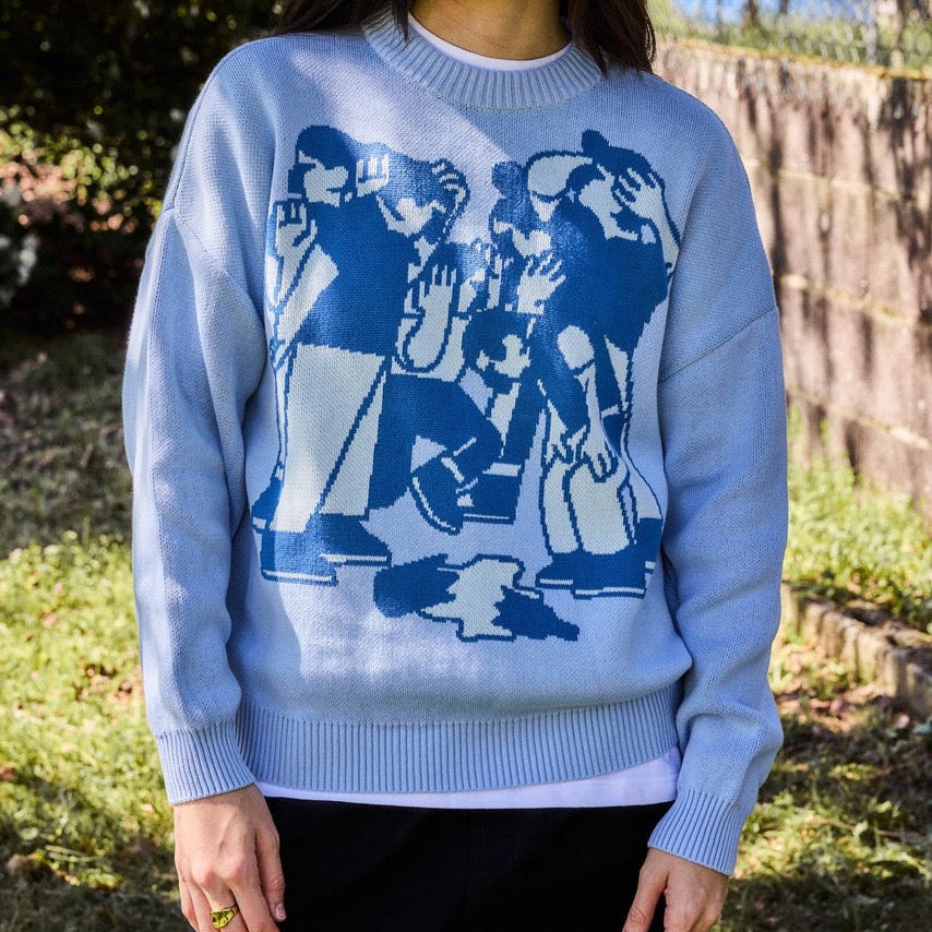 Jersey Leira Azul de NWHR: 100% algodón orgánico GOTS y punto con textura. Estilo relajado, cómodo y muy fetén. Fabricado éticamente en Portugal.