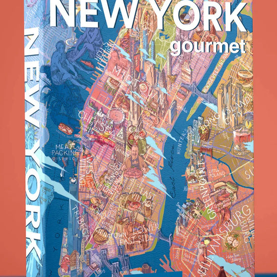 Puzzle de 1000 piezas que muestra un mapa ilustrado de la gastronomía de Nueva York, con dibujos de platos típicos, cócteles y barrios emblemáticos sobre fondo colorido.