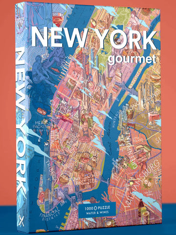 Puzzle de 1000 piezas que muestra un mapa ilustrado de la gastronomía de Nueva York, con dibujos de platos típicos, cócteles y barrios emblemáticos sobre fondo colorido.
