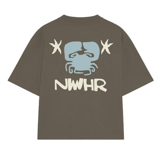 Camiseta de manga corta de corte holgado en color marrón con diseño gráfico "Entre as Pedras", confeccionada en algodón orgánico de la marca NWHR.