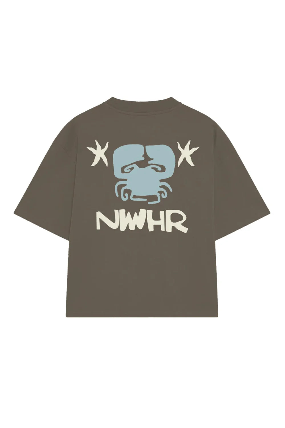 Camiseta de manga corta de corte holgado en color marrón con diseño gráfico "Entre as Pedras", confeccionada en algodón orgánico de la marca NWHR.