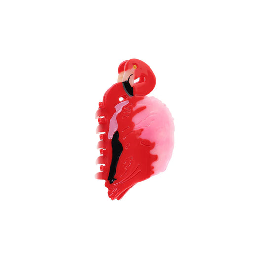 Pinza para el pelo con forma de flamenco en colores rojo y rosa vibrante, fabricada en acetato de celulosa resistente de la marca By Stær.