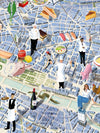 Puzzle de 1000 piezas que muestra un mapa ilustrado de la gastronomía de París, con dibujos de iconos culinarios franceses y barrios emblemáticos sobre fondo en tonos suaves.