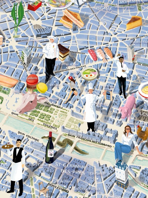 Puzzle de 1000 piezas que muestra un mapa ilustrado de la gastronomía de París, con dibujos de iconos culinarios franceses y barrios emblemáticos sobre fondo en tonos suaves.