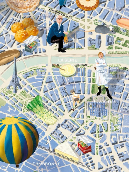 Puzzle de 1000 piezas que muestra un mapa ilustrado de la gastronomía de París, con dibujos de iconos culinarios franceses y barrios emblemáticos sobre fondo en tonos suaves.