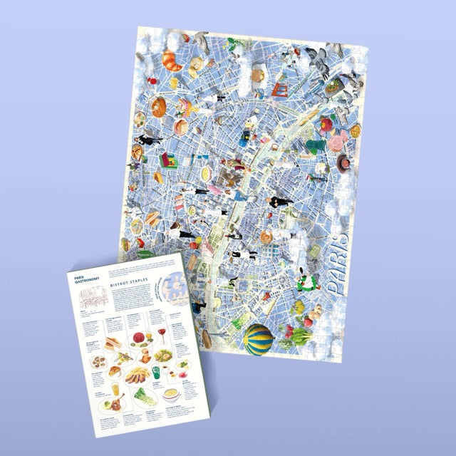 Puzzle de 1000 piezas que muestra un mapa ilustrado de la gastronomía de París, con dibujos de iconos culinarios franceses y barrios emblemáticos sobre fondo en tonos suaves.