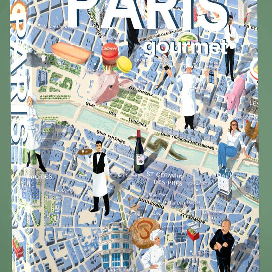 Puzzle de 1000 piezas que muestra un mapa ilustrado de la gastronomía de París, con dibujos de iconos culinarios franceses y barrios emblemáticos sobre fondo en tonos suaves.