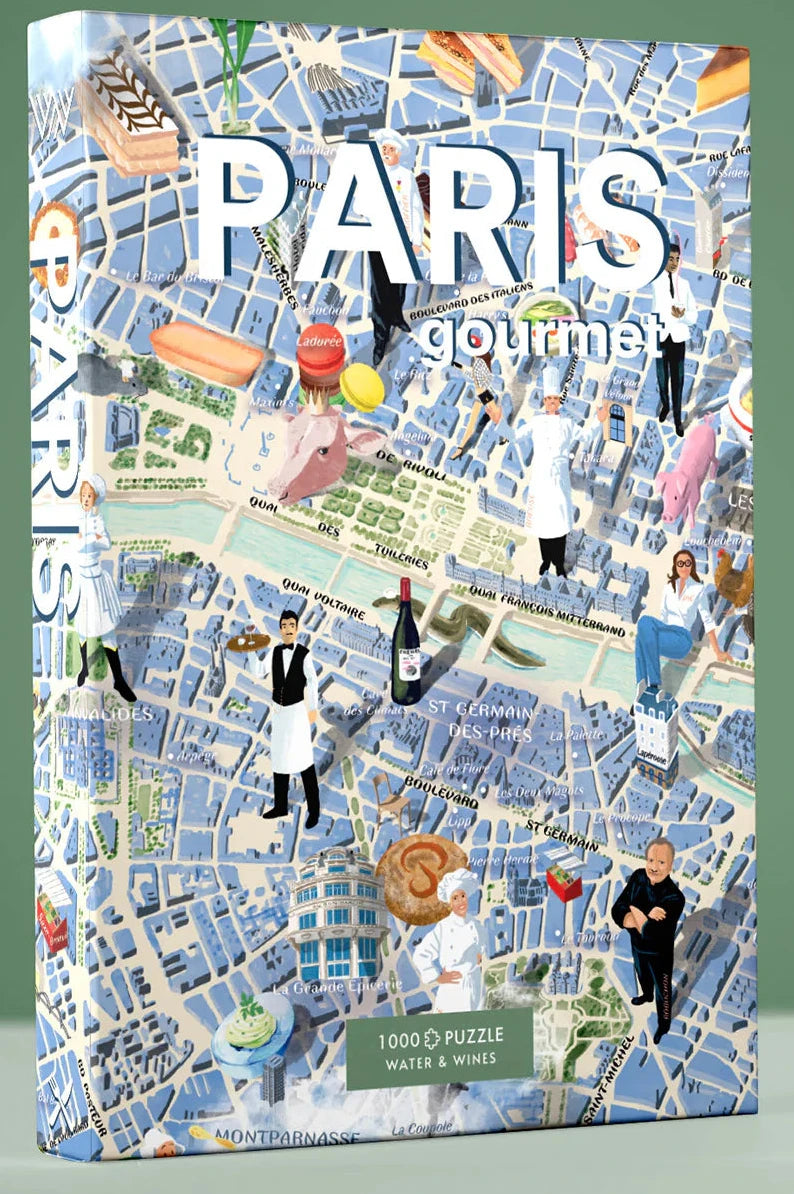 Puzzle de 1000 piezas que muestra un mapa ilustrado de la gastronomía de París, con dibujos de iconos culinarios franceses y barrios emblemáticos sobre fondo en tonos suaves.
