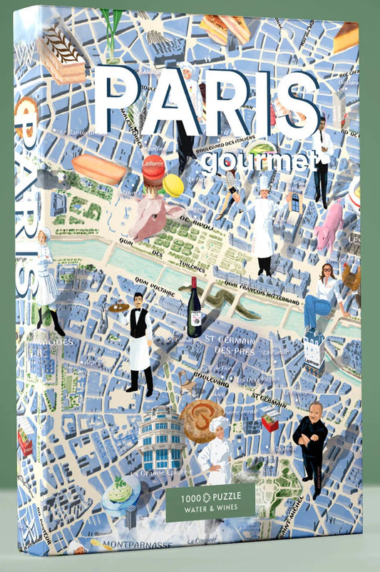 Puzzle de 1000 piezas que muestra un mapa ilustrado de la gastronomía de París, con dibujos de iconos culinarios franceses y barrios emblemáticos sobre fondo en tonos suaves.