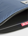 Funda protectora acolchada para portátil de 13 y 14 pulgadas con acabado brillante en color azul real, cierre de cremallera superior y etiqueta de cuero con el logo de Wouf.