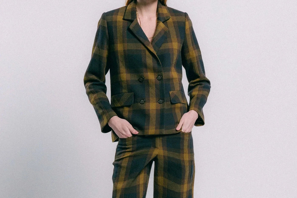 Blazer turin cuadros verdes de TRIANA by C en algodón y lino, doble botonadura cruzada