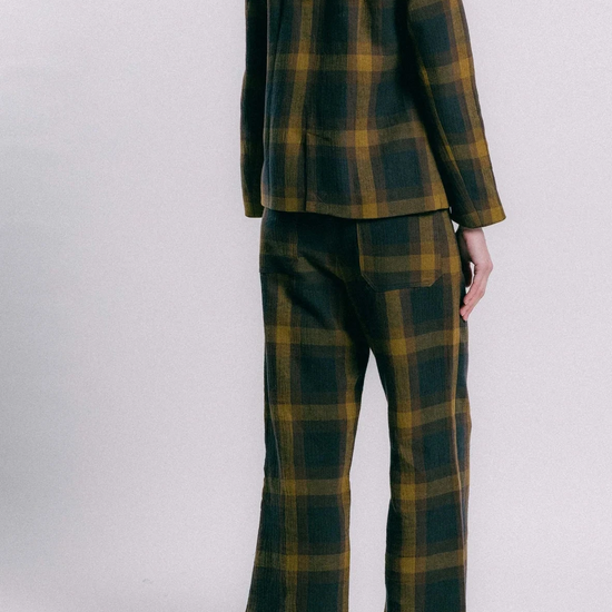 Traje cuadros verdes de TRIANA by C, blazer y pantalón en algodón y lino