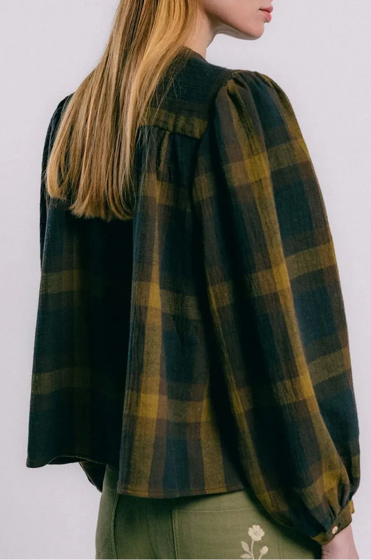 Blusa sidney cuadros de TRIANA by C en algodón y lino, verde azul marino y ocre
