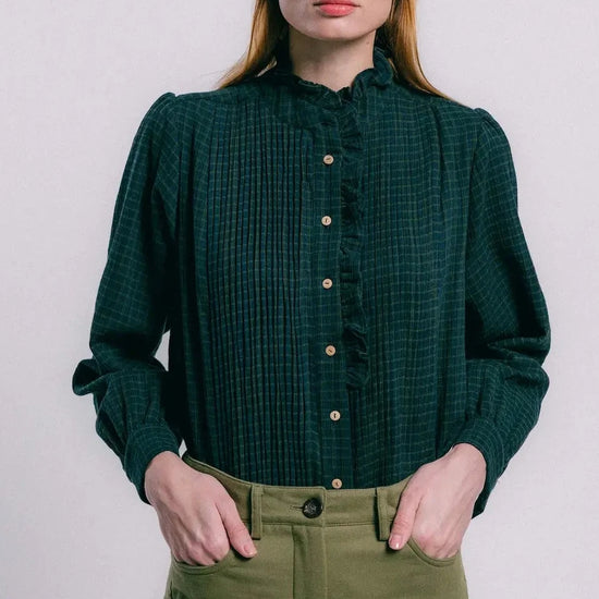 Blusa perth cuadros de TRIANA by C en algodón orgánico, verde bosque y azul oscuro