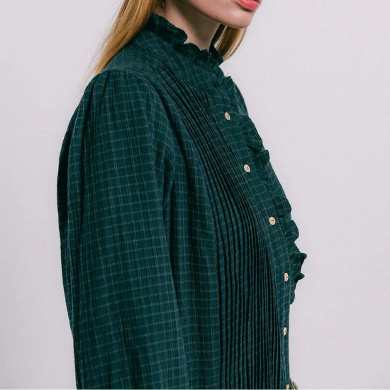 Blusa perth cuadros de TRIANA by C en algodón orgánico, verde bosque y azul oscuro