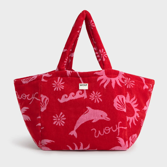 Bolso tote de gran formato en tejido jacquard de rizo de algodón orgánico, con asas largas para hombro y etiqueta de silicona, modelo Tulum de Wouf.