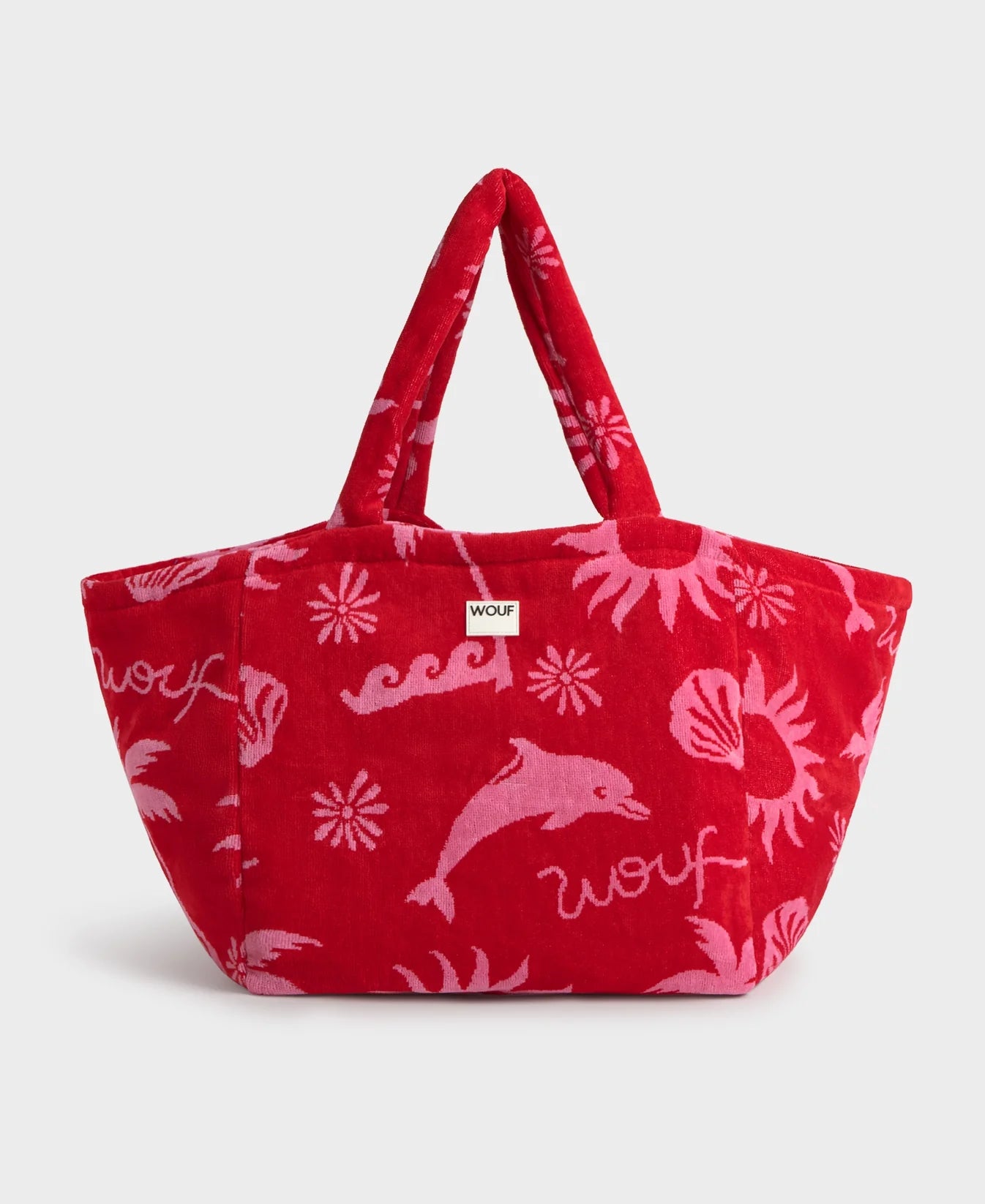 Bolso tote de gran formato en tejido jacquard de rizo de algodón orgánico, con asas largas para hombro y etiqueta de silicona, modelo Tulum de Wouf.