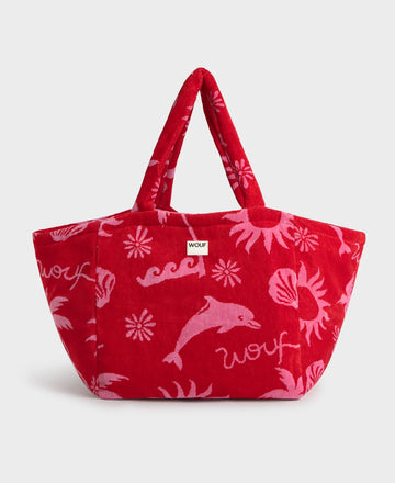 Bolso tote de gran formato en tejido jacquard de rizo de algodón orgánico, con asas largas para hombro y etiqueta de silicona, modelo Tulum de Wouf.