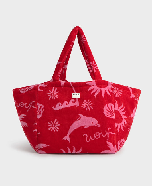 Bolso tote de gran formato en tejido jacquard de rizo de algodón orgánico, con asas largas para hombro y etiqueta de silicona, modelo Tulum de Wouf.
