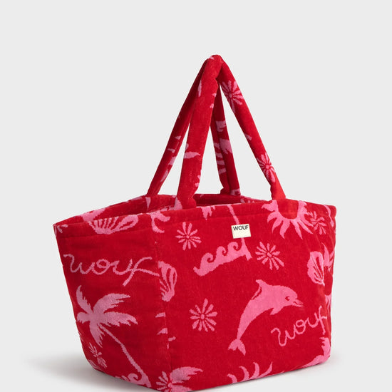 Bolso tote de gran formato en tejido jacquard de rizo de algodón orgánico, con asas largas para hombro y etiqueta de silicona, modelo Tulum de Wouf.
