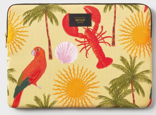 Funda acolchada para portátil de 15 y 16 pulgadas con estampado tropical de aves y flores, cierre de cremallera y etiqueta de cuero reciclado de Wouf.