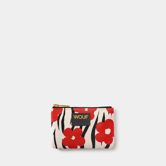 Cartera Wildflower de Wouf, 13×9 cm, poliéster reciclado con estampado floral y ranura de cuero reciclado.