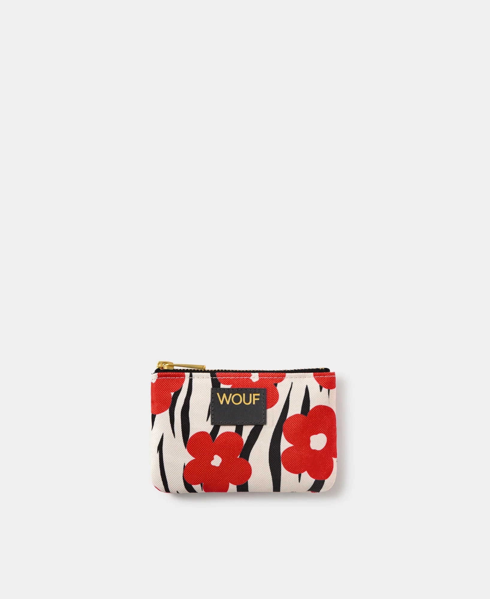 Cartera Wildflower de Wouf, 13×9 cm, poliéster reciclado con estampado floral y ranura de cuero reciclado.