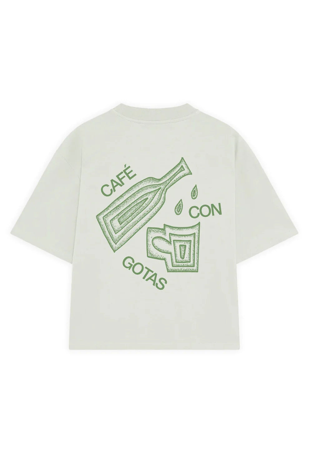 Camiseta de manga corta y corte holgado con diseño gráfico original "Café con Gotas", confeccionada de forma ética en algodón orgánico por la marca NWHR.