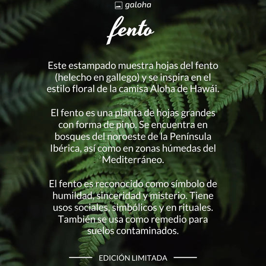 Camisa de hombre de manga corta con estampado de hojas de helecho (fento), botones de madera de olivo y tejido de algodón orgánico de la marca Galoha.